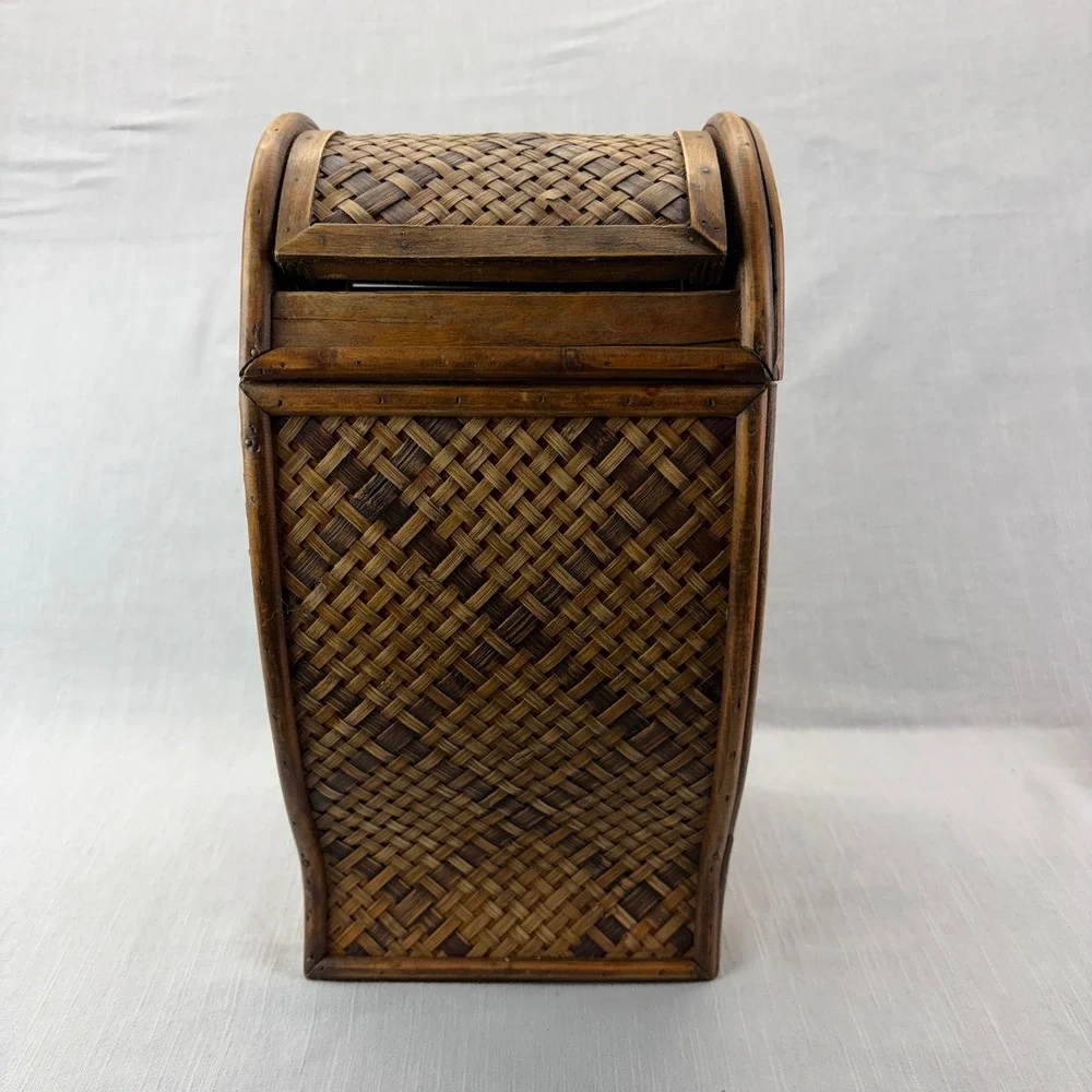 Vintage Wicker and Wood Storage Box Brown Boho Woven Latch Lid Decorative Brass